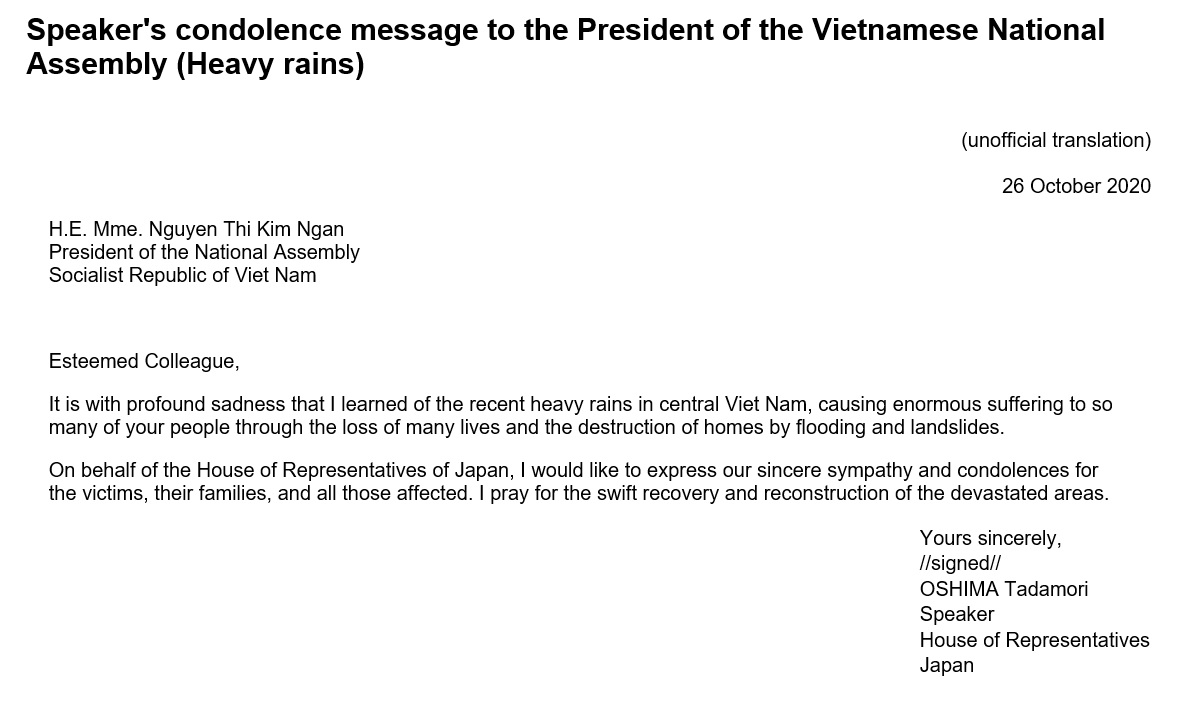 Speaker's condolence message to the President of the Vietnamese National Assembly (Heavy rains): Click on the title or picture to display topic details.