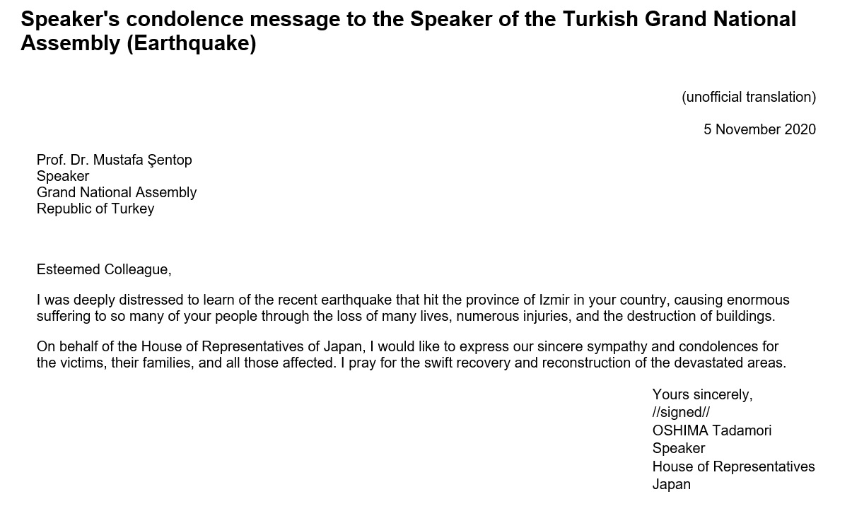 Speaker's condolence message to the Speaker of the Turkish Grand National Assembly (Earthquake): Click on the title or picture to display topic details.