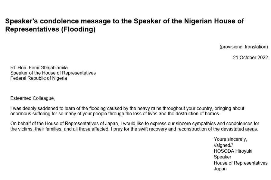 Speaker's condolence message to the Speaker of the Nigerian House of Representatives (Flooding): Click on the title or picture to display topic details.