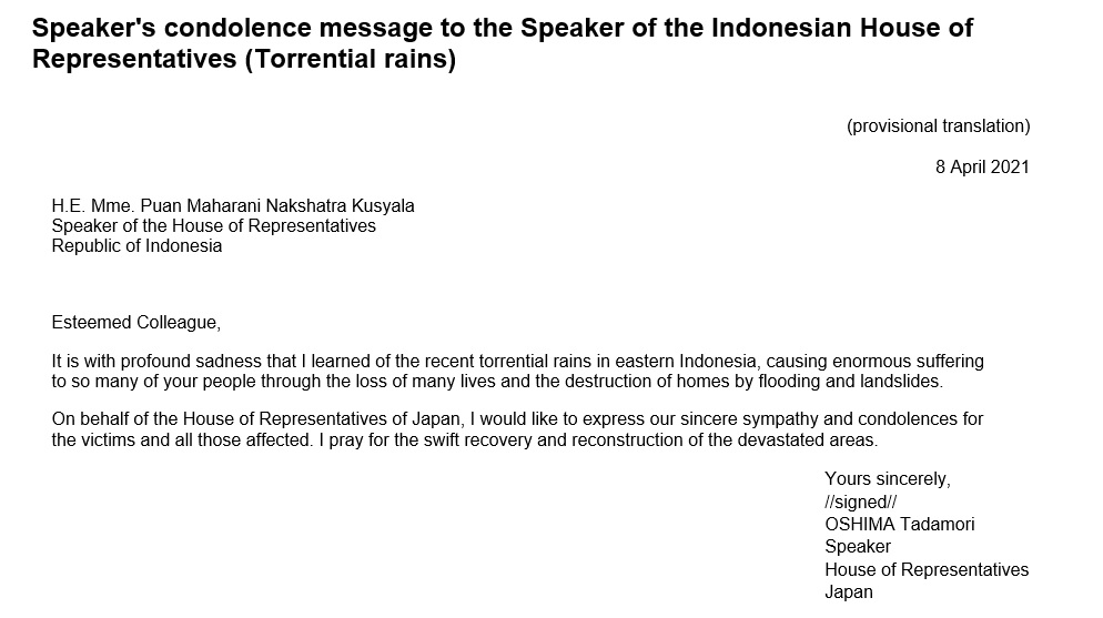 Speaker's condolence message to the Speaker of the Indonesian House of Representatives (Torrential rains): Click on the title or picture to display topic details.