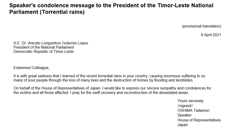 Speaker's condolence message to the President of the Timor-Leste National Parliament (Torrential rains): Click on the title or picture to display topic details.
