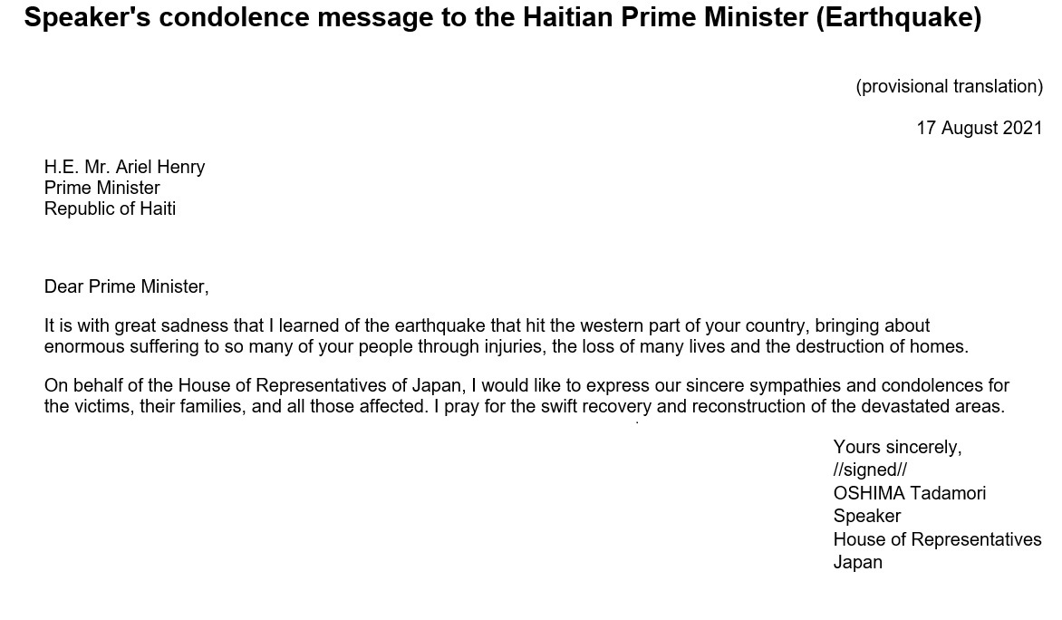Speaker's condolence message to the Haitian Prime Minister (Earthquake): Click on the title or picture to display topic details.