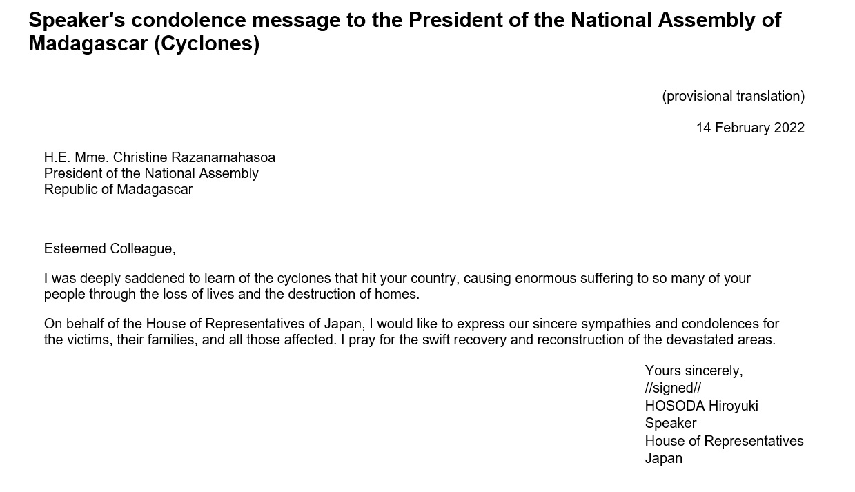 Speaker's condolence message to the President of the National Assembly of Madagascar (Cyclones): Click on the title or picture to display topic details.