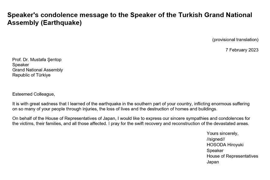 Speaker's condolence message to the Speaker of the Turkish Grand National Assembly (Earthquake): Click on the title or picture to display topic details.