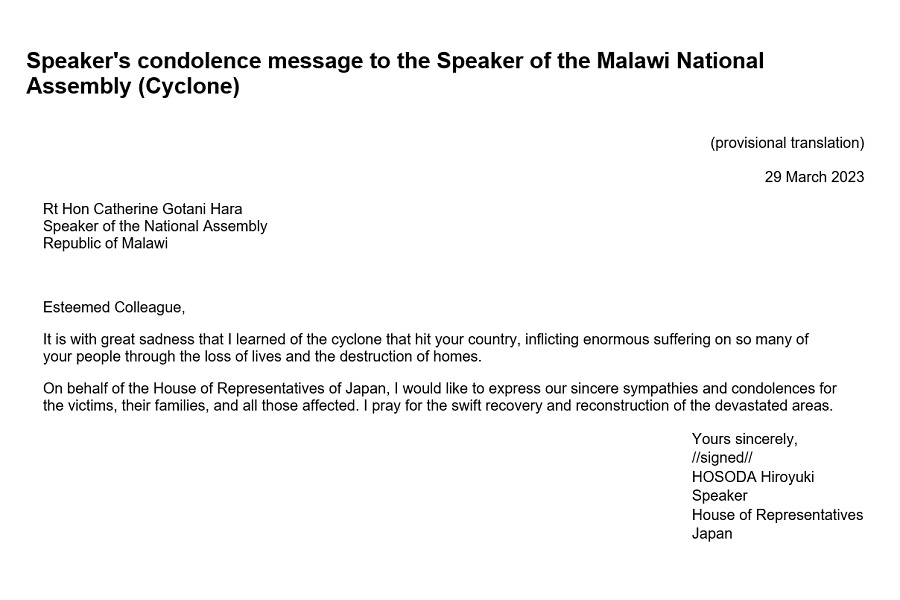 Speaker's condolence message to the Speaker of the Malawi National Assembly (Cyclone): Click on the title or picture to display topic details.