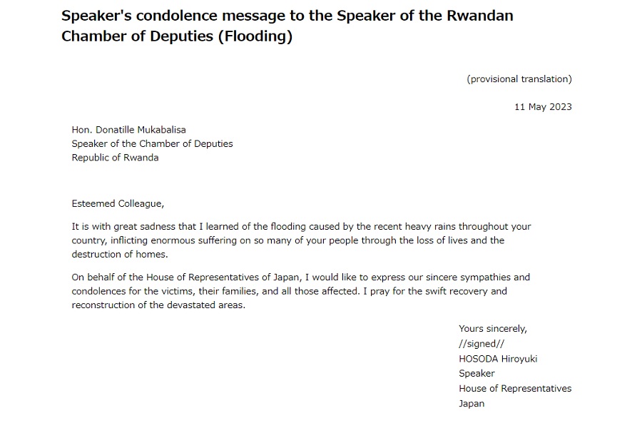 Speaker's condolence message to the Speaker of the Rwandan Chamber of Deputies (Flooding): Click on the title or picture to display topic details.