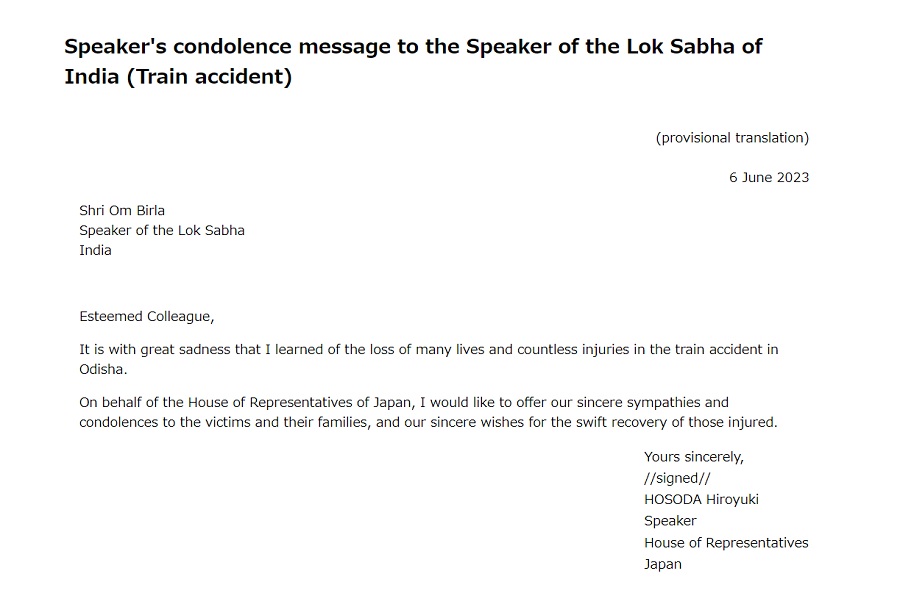 Speaker's condolence message to the Speaker of the Lok Sabha of India (Train accident): Click on the title or picture to display topic details.