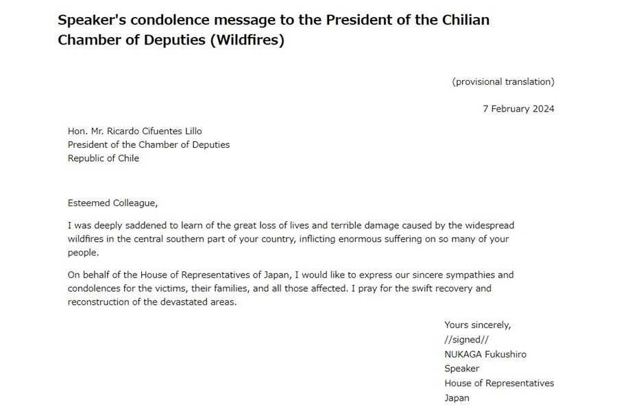 Speaker's condolence message to the President of the Chilian Chamber of Deputies (Wildfires): Click on the title or picture to display topic details.