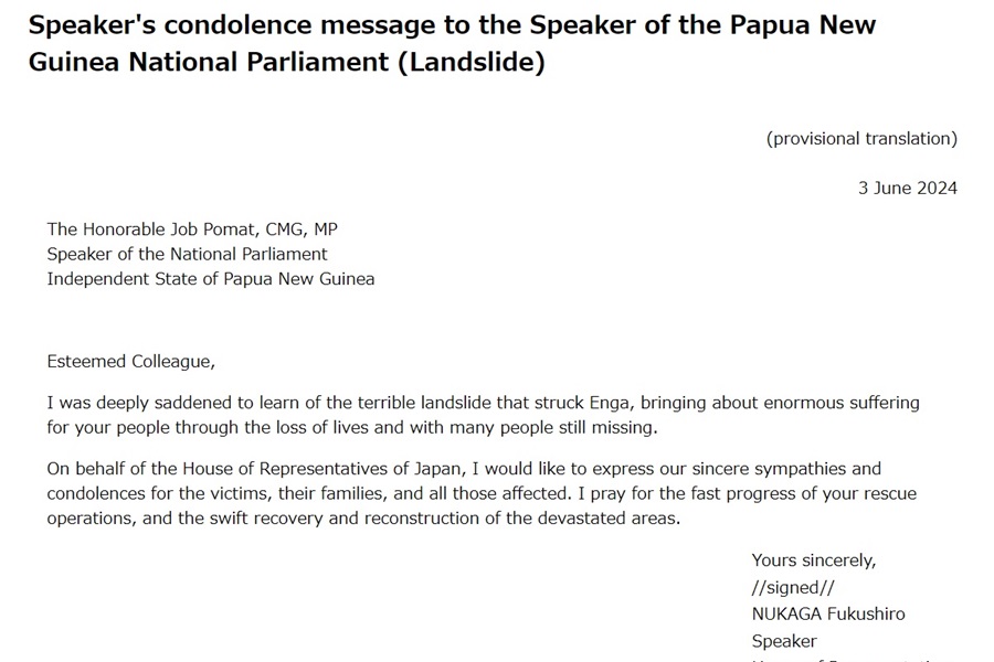 Speaker's condolence message to the Speaker of the Papua New Guinea National Parliament (Landslide): Click on the title or picture to display topic details.