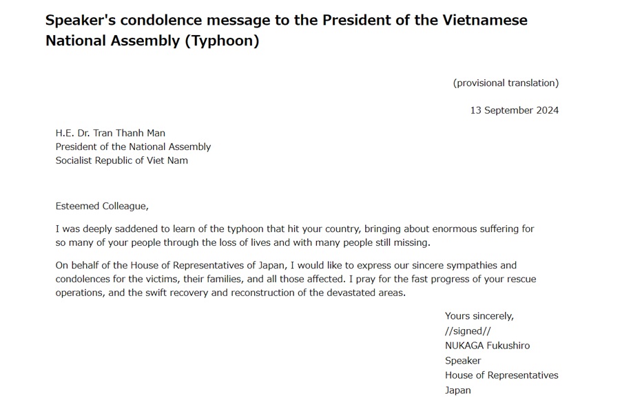 Speaker's condolence message to the President of the Vietnamese National Assembly (Typhoon): Click on the title or picture to display topic details.