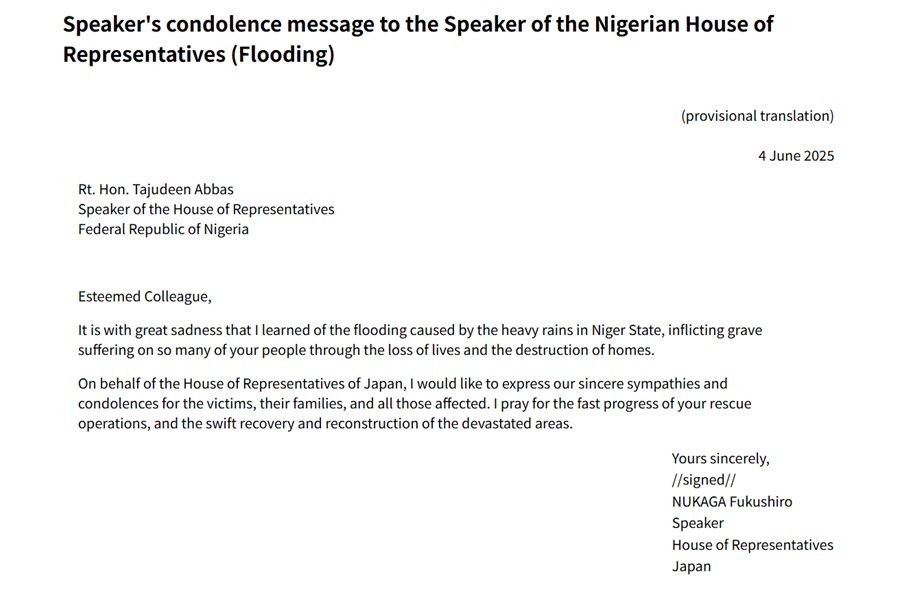 Speaker's condolence message to the Speaker of the Nigerian House of Representatives (Flooding): Click on the title or picture to display topic details.