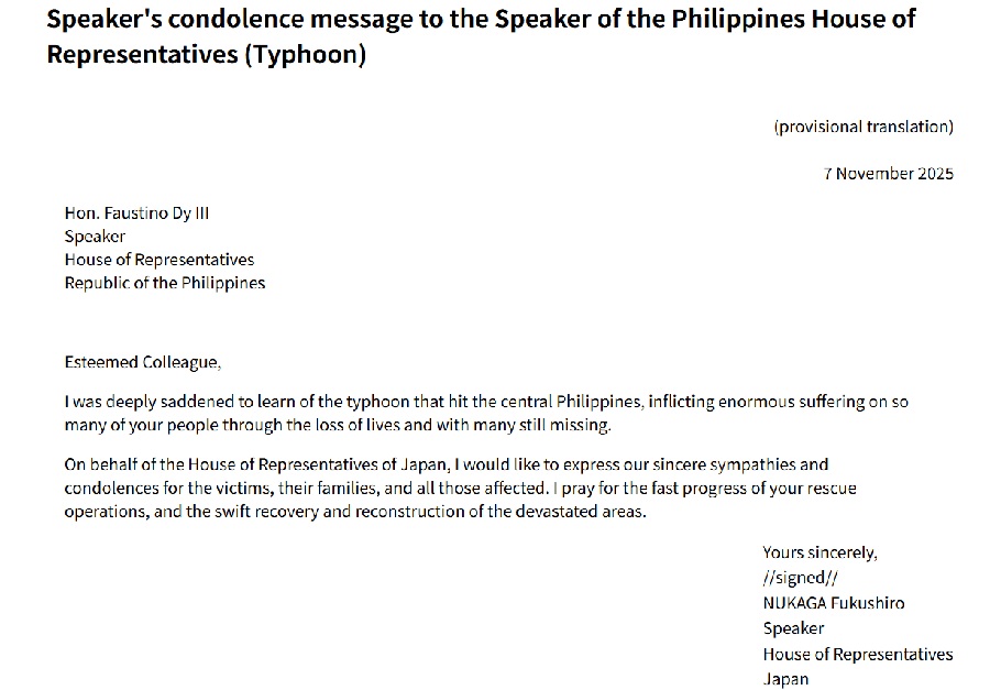 Speaker's condolence message to the Speaker of the Philippines House of Representatives (Typhoon): Click on the title or picture to display topic details.