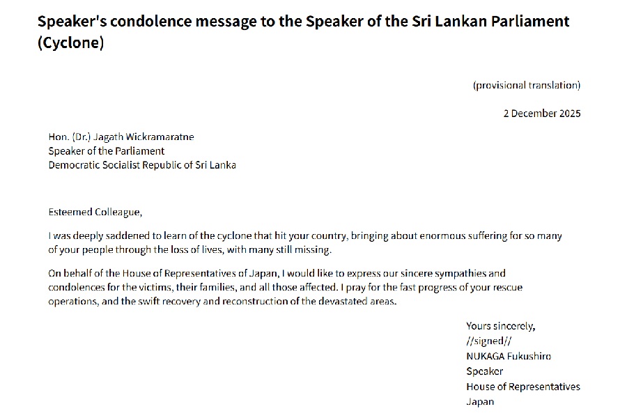 Speaker's condolence message to the Speaker of the Sri Lankan Parliament (Cyclone): Click on the title or picture to display topic details.