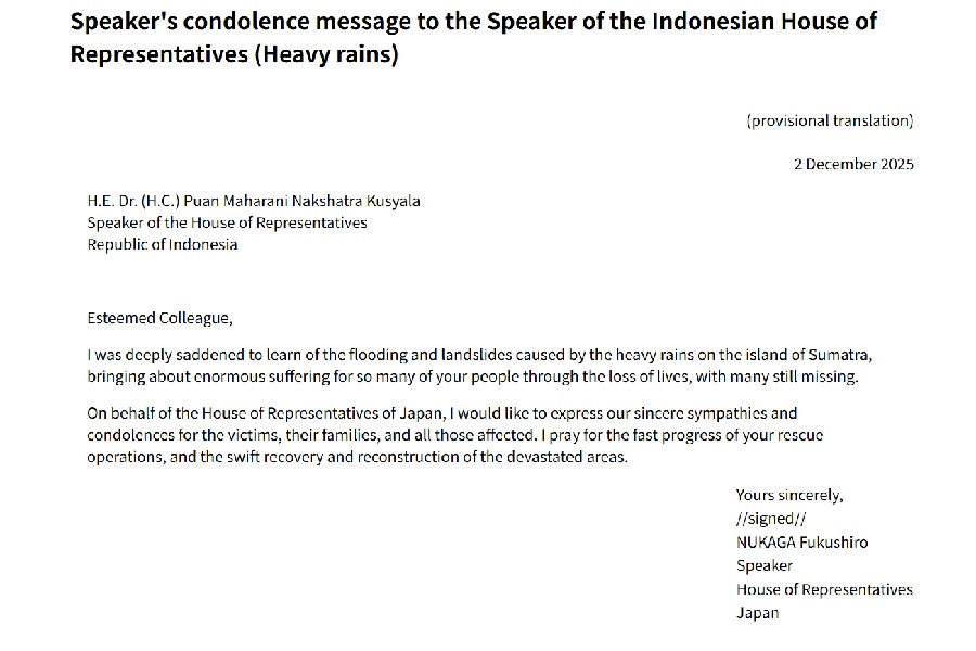 Speaker's condolence message to the Speaker of the Indonesian House of Representatives (Heavy rains): Click on the title or picture to display topic details.
