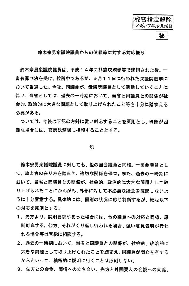 別添 鈴木宗男衆議院議員からの依頼等に対する対応振り 1/2